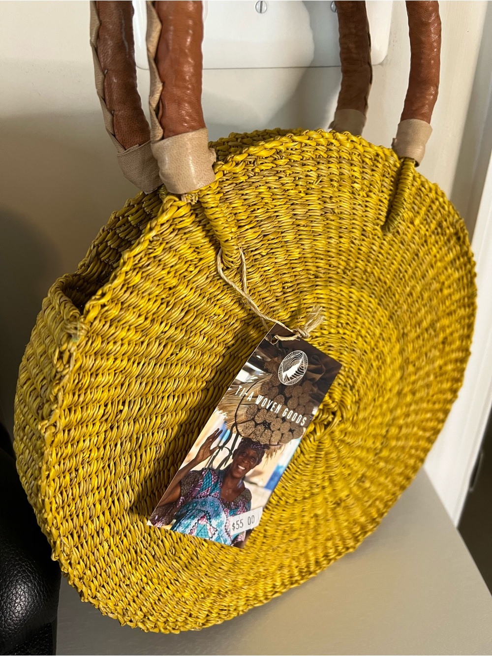 Handwoven Yellow Straw Tote with Brown Leather Handles